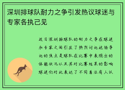 深圳排球队耐力之争引发热议球迷与专家各执己见