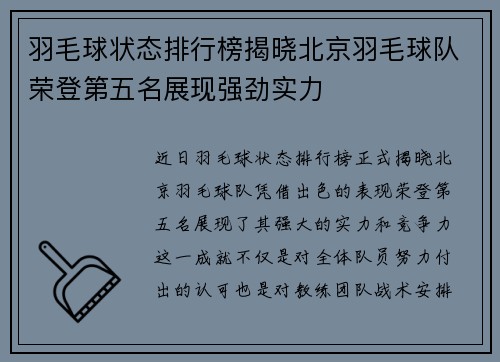 羽毛球状态排行榜揭晓北京羽毛球队荣登第五名展现强劲实力